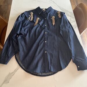 IIF Vintage 80s Tassel Western Blue Denim Snap Up Long Sleeve Shirt Womens Sz Lg